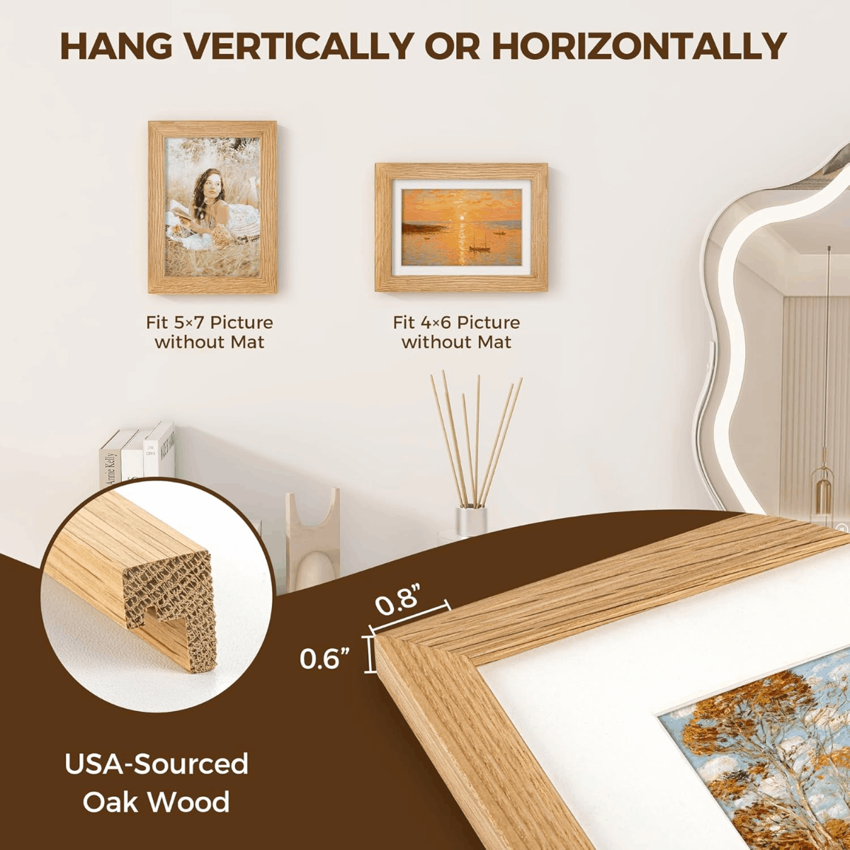 Venusmiles 10 Sizes Natural Oak Wood Picture Frame with Tempered Glass
