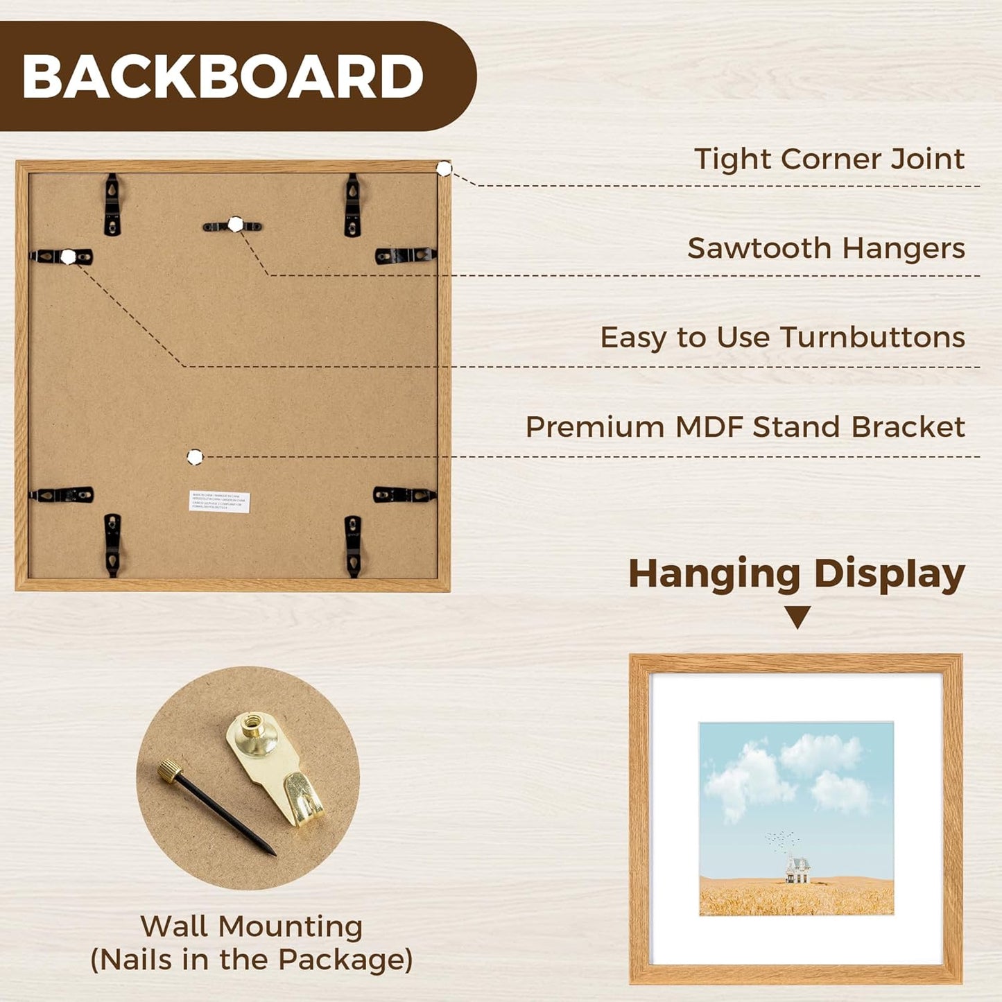 Venusmiles 10 Sizes Natural Oak Wood Picture Frame with Tempered Glass