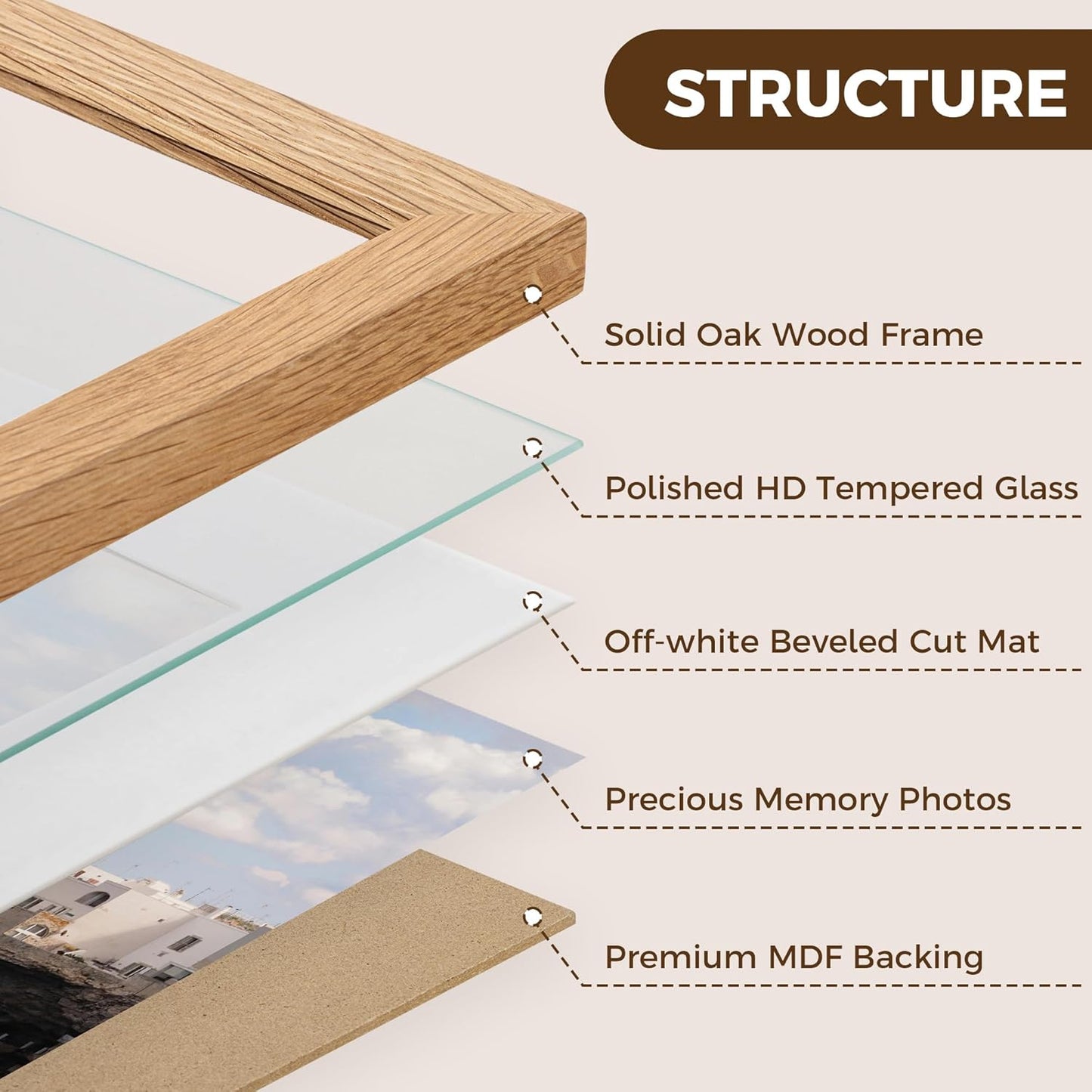 Venusmiles 10 Sizes Natural Oak Wood Picture Frame with Tempered Glass