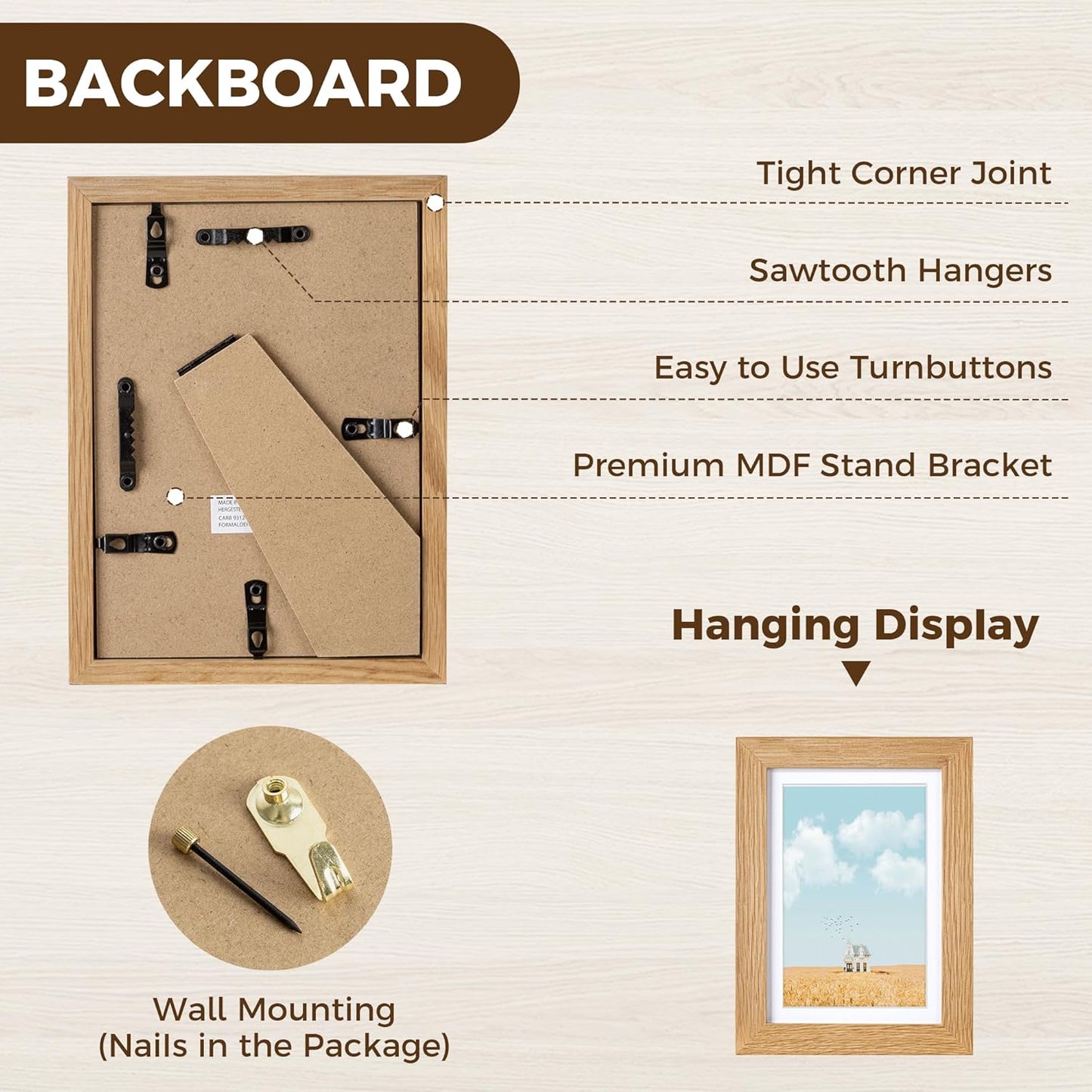 Venusmiles 10 Sizes Natural Oak Wood Picture Frame with Tempered Glass