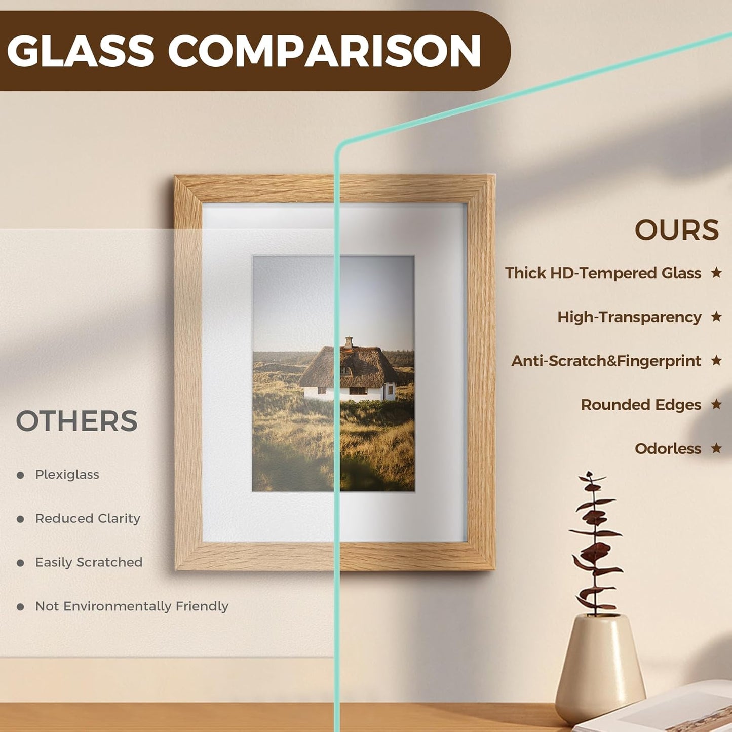 Venusmiles 10 Sizes Natural Oak Wood Picture Frame with Tempered Glass