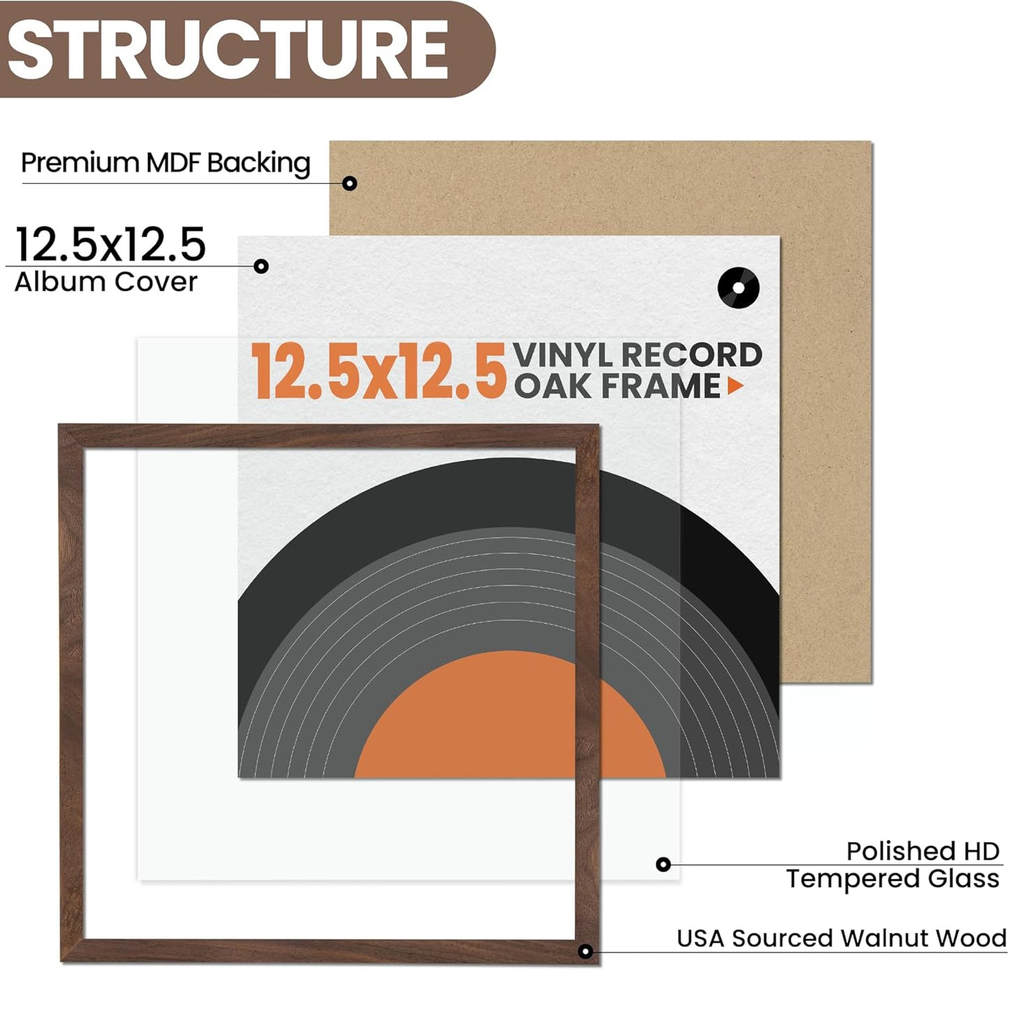 Venusmiles Natural Wood Vinyl Record Frame for 12.5 X 12.5 Inches LP Record with White Mat