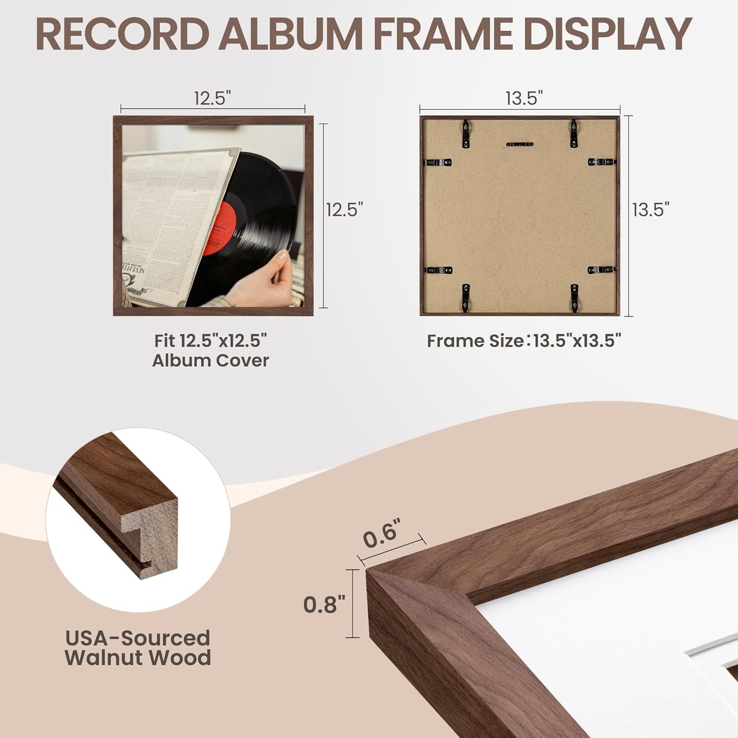 Venusmiles Natural Wood Vinyl Record Frame for 12.5 X 12.5 Inches LP Record with White Mat