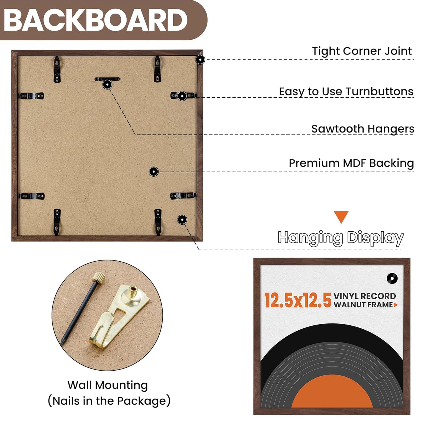 Venusmiles Natural Wood Vinyl Record Frame for 12.5 X 12.5 Inches LP Record with White Mat