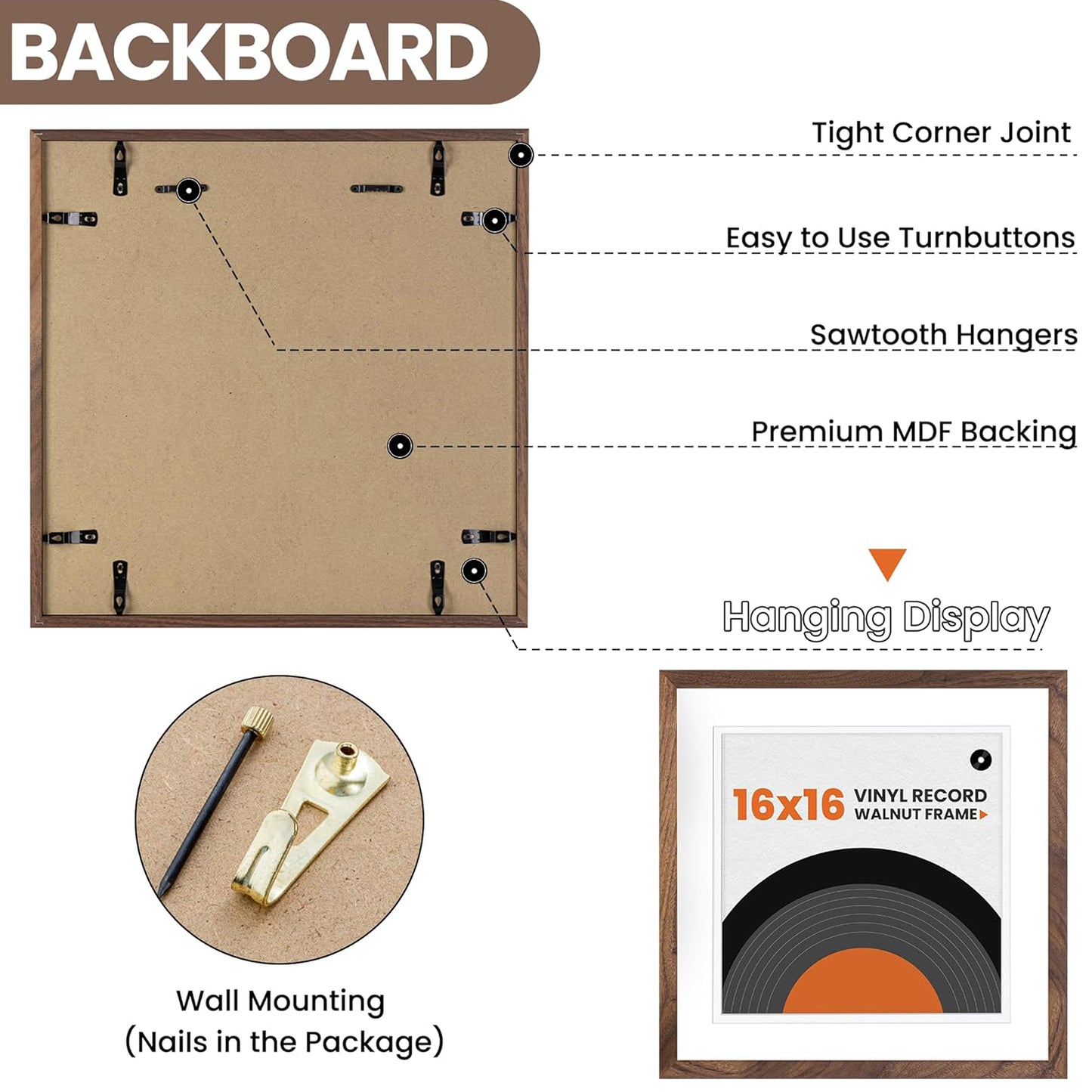 Venusmiles Natural Wood Vinyl Record Frame for 12.5 X 12.5 Inches LP Record with White Mat