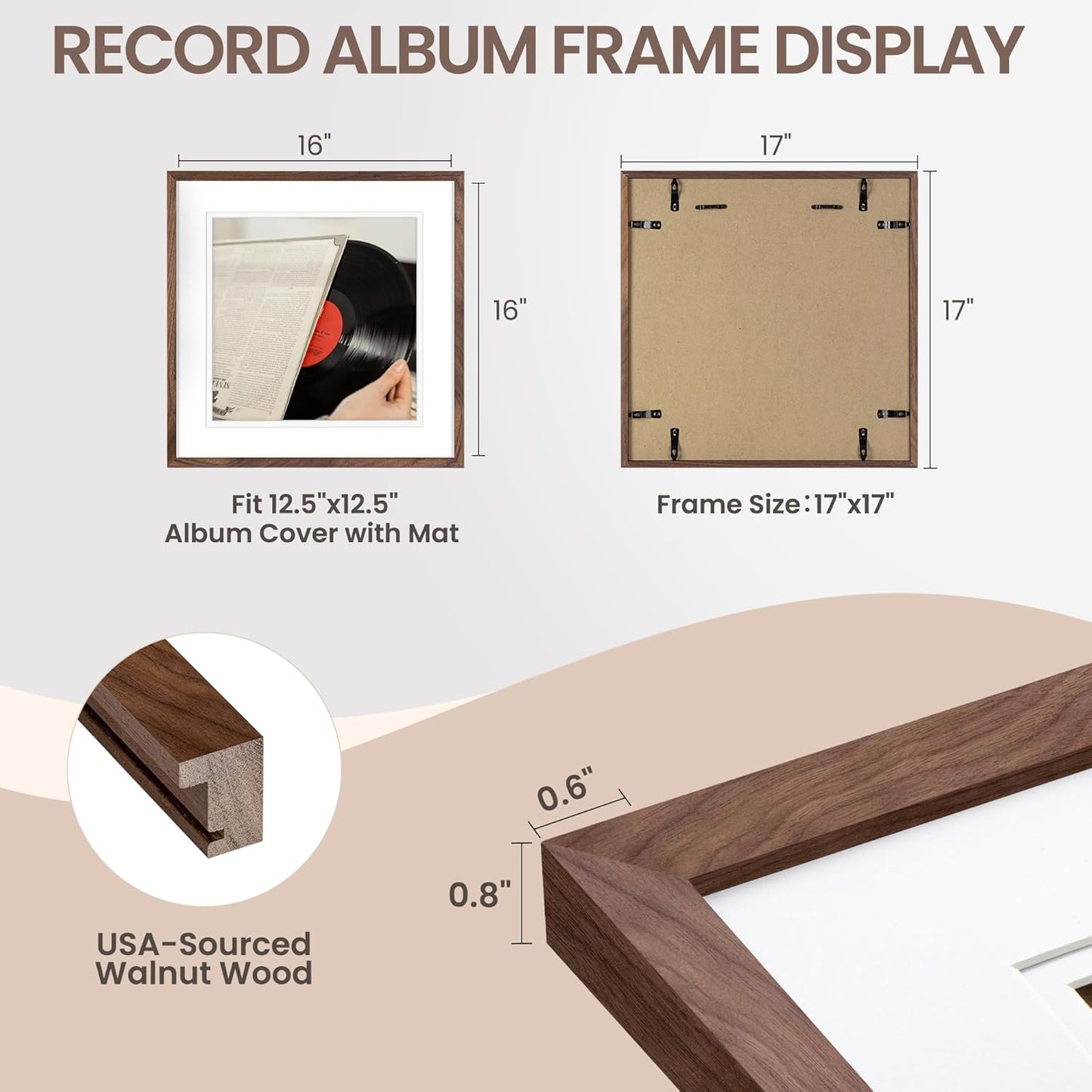 Venusmiles Natural Wood Vinyl Record Frame for 12.5 X 12.5 Inches LP Record with White Mat