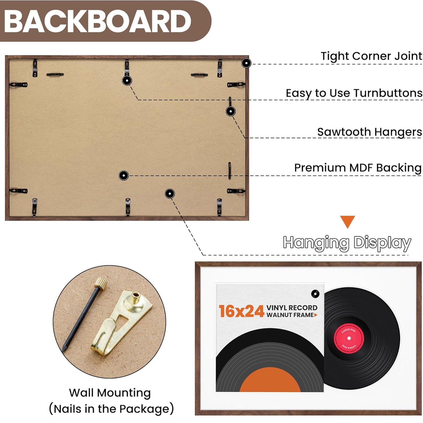 Venusmiles Natural Wood Vinyl Record Frame for 12.5 X 12.5 Inches LP Record with White Mat