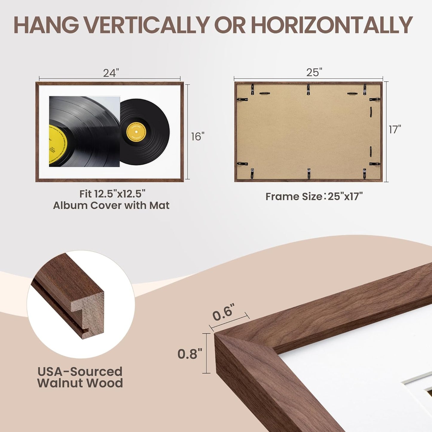 Venusmiles Natural Wood Vinyl Record Frame for 12.5 X 12.5 Inches LP Record with White Mat